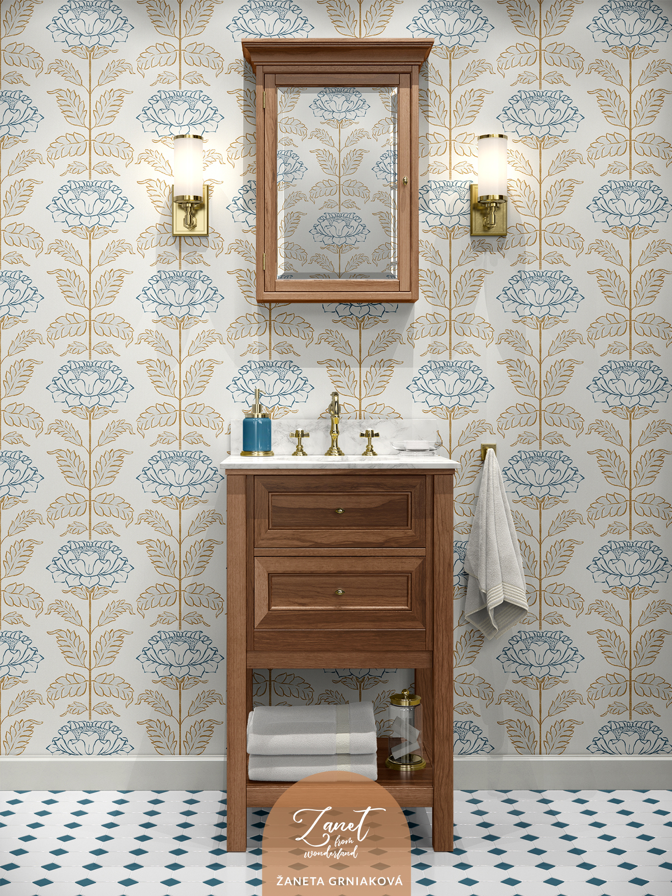 blockprint lotus flowers farmhouse wallpaper bathroom