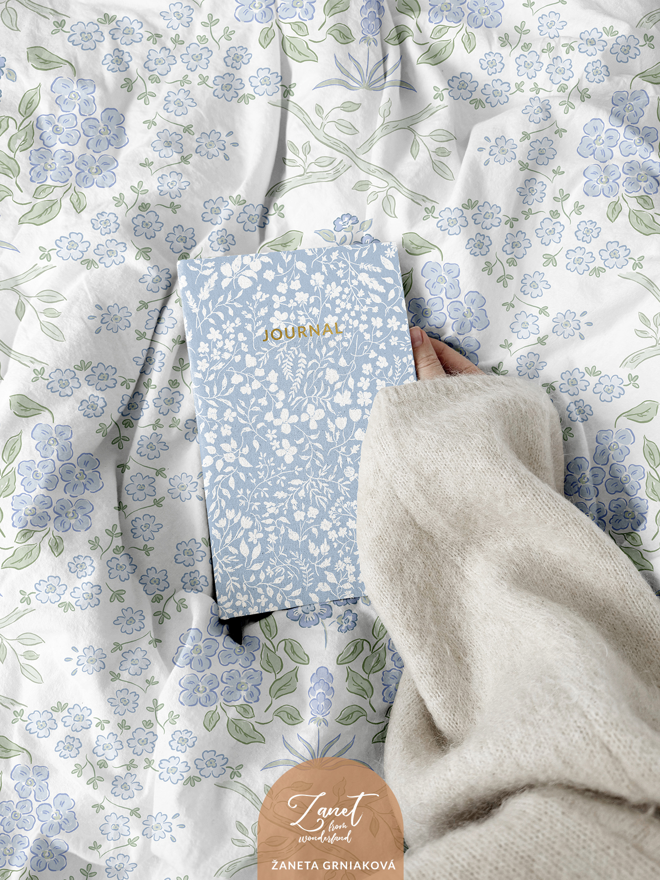 romantic grandmillennial blue and green floral bedding set