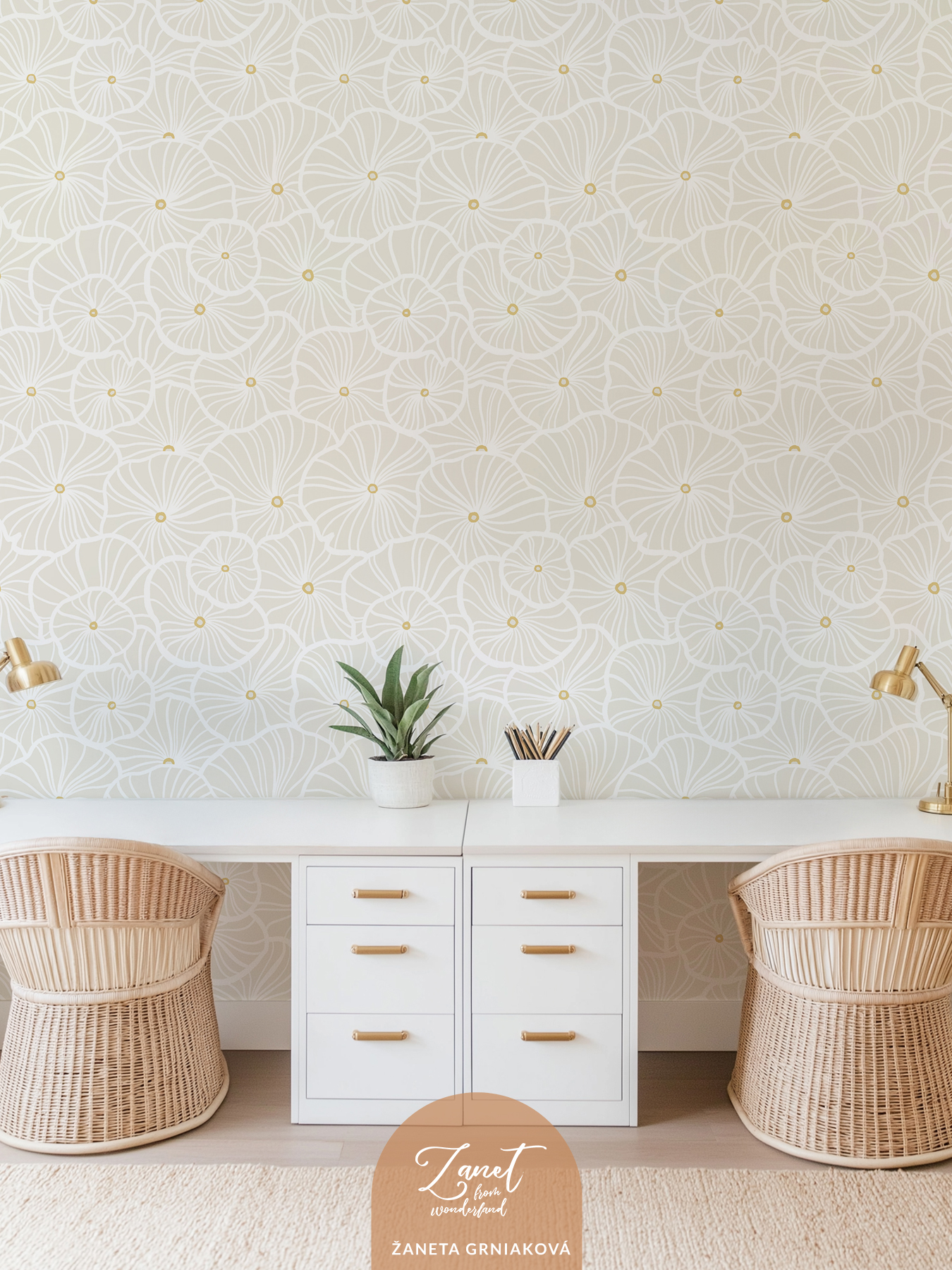 modern coastal cottage home office neutral cream wallpaper